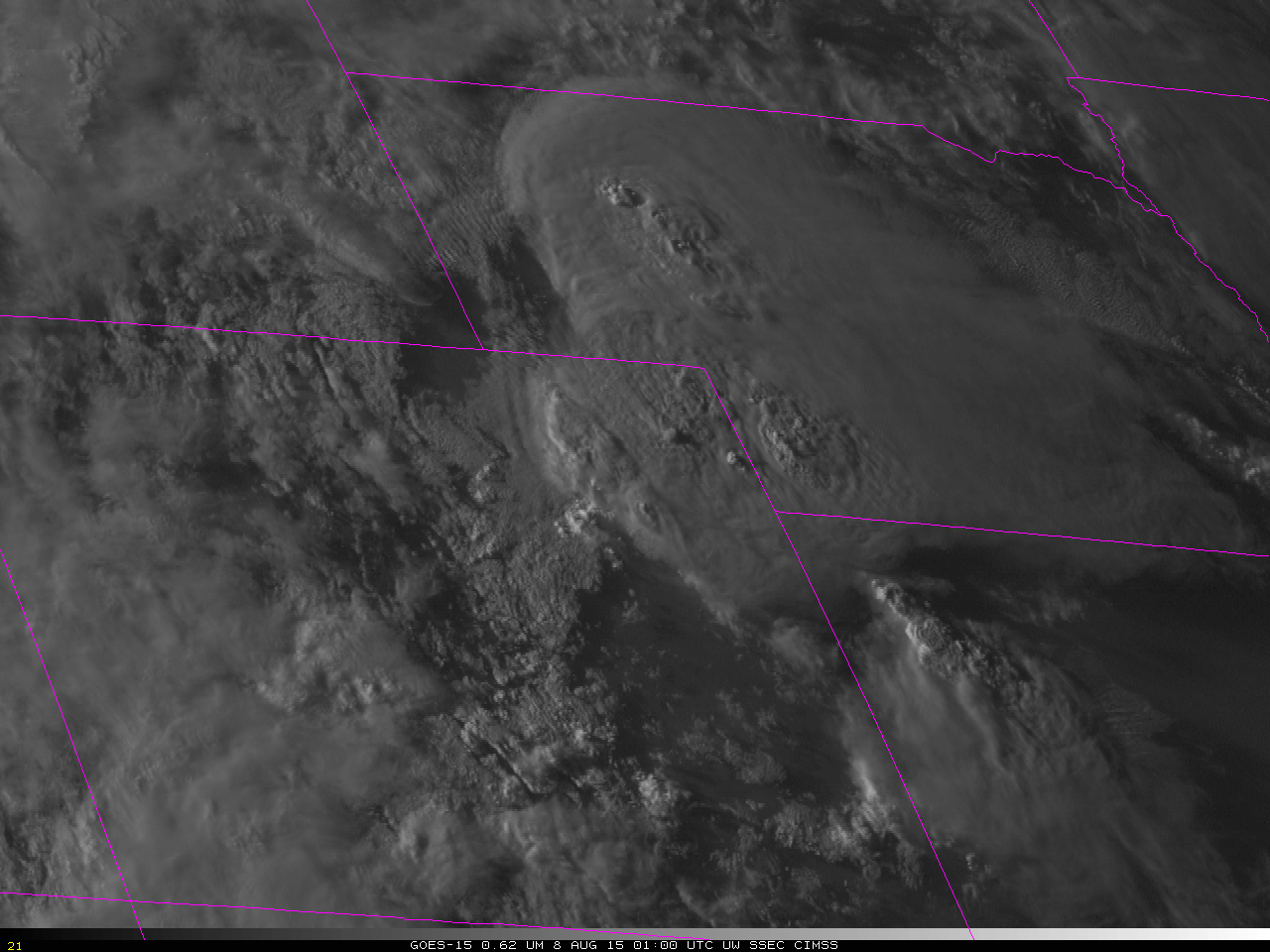 GOES-15 Visible imagery (0.63 µm) 1900 UTC 7 August - 0145 UTC 8 August [click to animate]