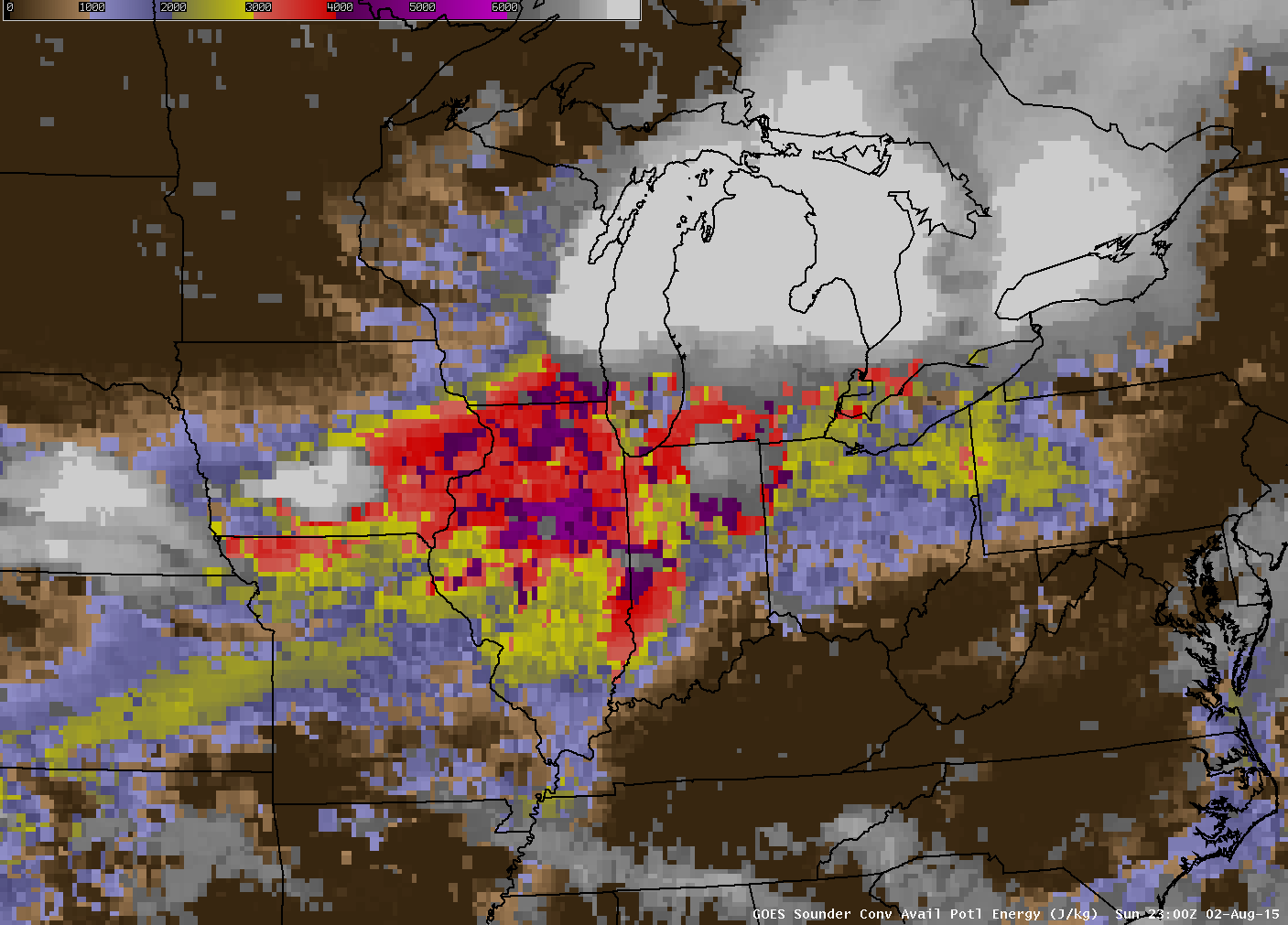 GOES-13 Sounder DPI Convective Available Potential Energy (CAPE), times as indicated  [click to play animation]