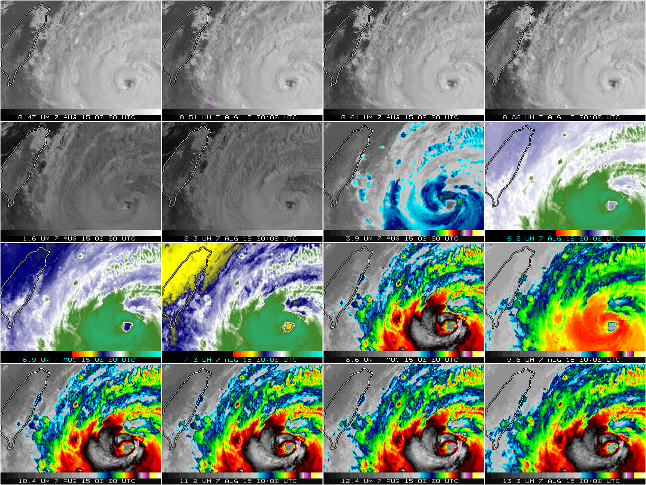 All 16 Himawari-8 AHI channels, 0000-1230 UTC on 7 August, wavelengths as indicated (click to animate)