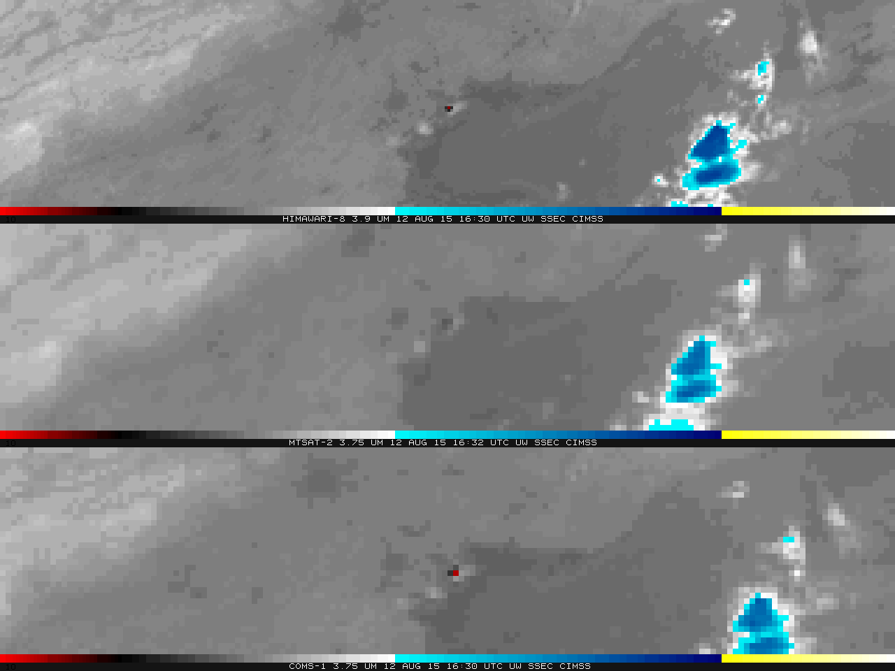 Himawari-8 (3.9 µm, top), MTSAT-2 (3.75 µm, middle) and COMS-1 (3.75 µm, bottom) shortwave infrared imagery, times as indicated [click to animate]