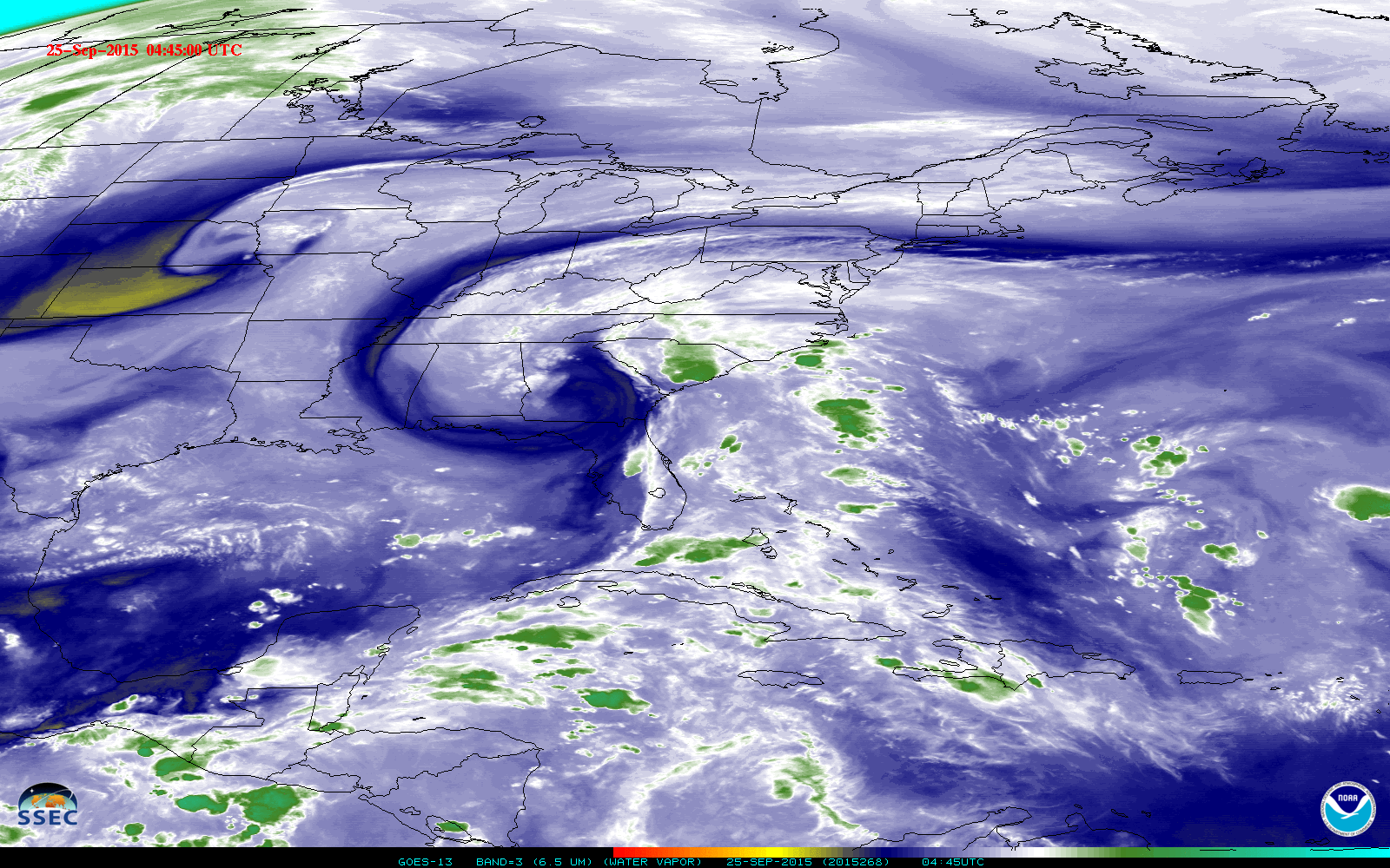 GOES-13 Infrared Water Vapor (6.5 µm) images [click to play animation]