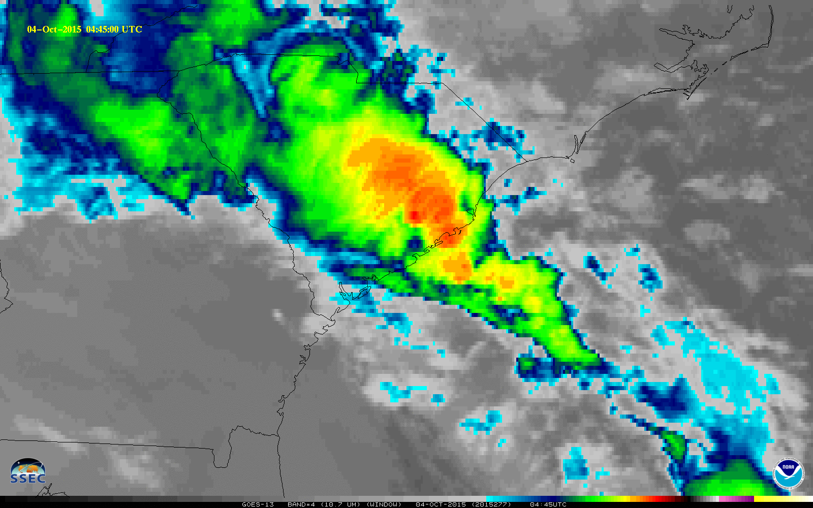 GOES-13 Infrared (10.7 µm) Imagery, 0245 UTC 3 October through 0745 UTC 4 October 2015 [click to animate]
