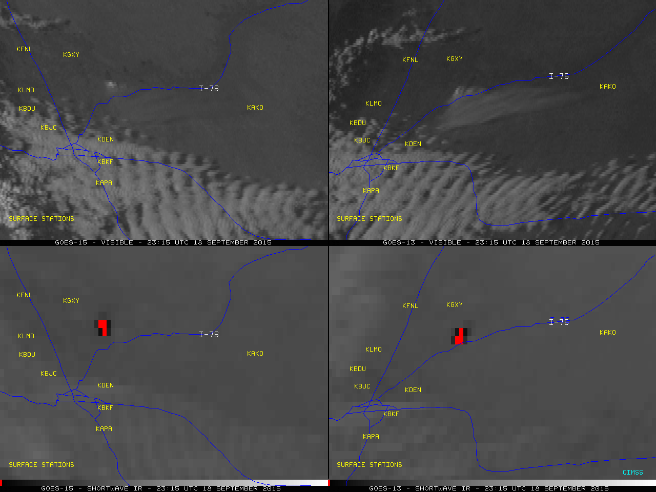 GOES-15 (left panels) and GOES-13 (right panels) Visible (0.63 µm) and Shortwave infrared (3.9 µm) images [click to play animation]
