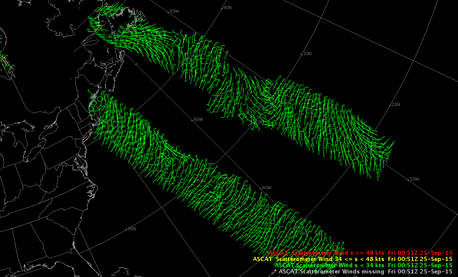 METOP-B ASCAT Scatterometer Winds, 0000-1500 UTC over the western Atlantic [click to enlarge]