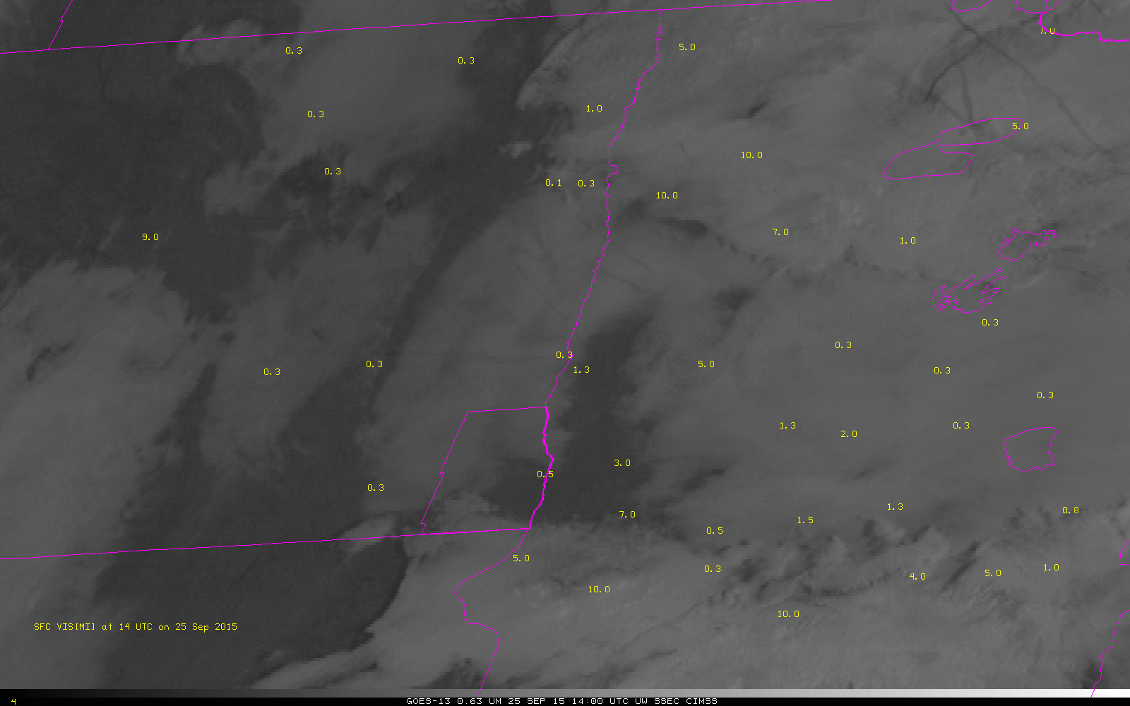 GOES-13 Visible (0.63 µm) imagery and surface observations of visibility; Richland County is outlined [click to play animation]