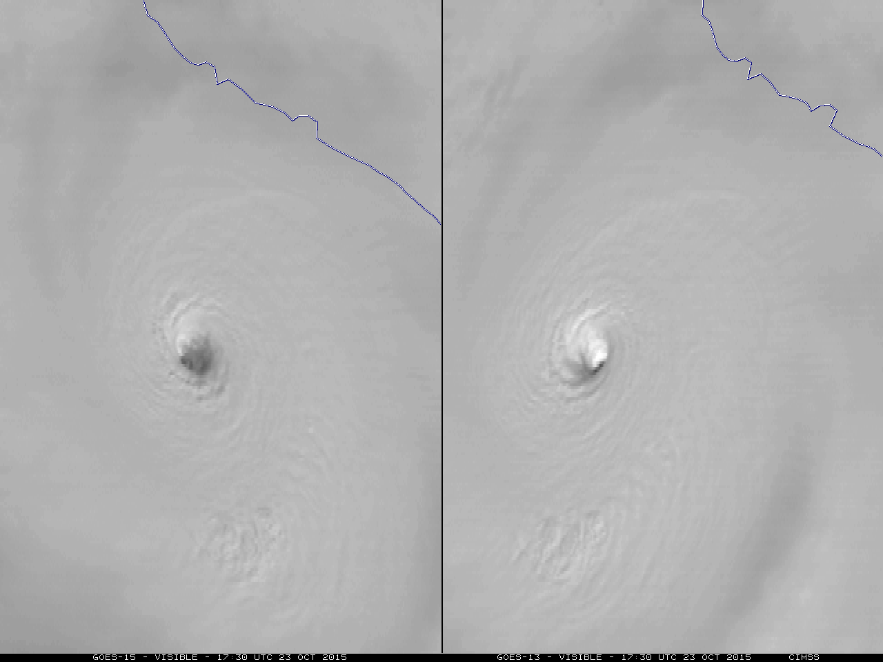 GOES-15 (left) and GOES-13 (right) 0.63 µm visible images [click to play animation]