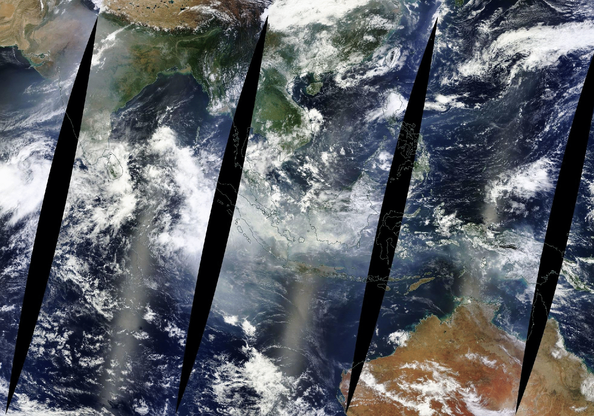 MODIS True Color Imagery, Aerosol Optical Depth and CO Concentrations on 26 October 2015 [click to enlarge]