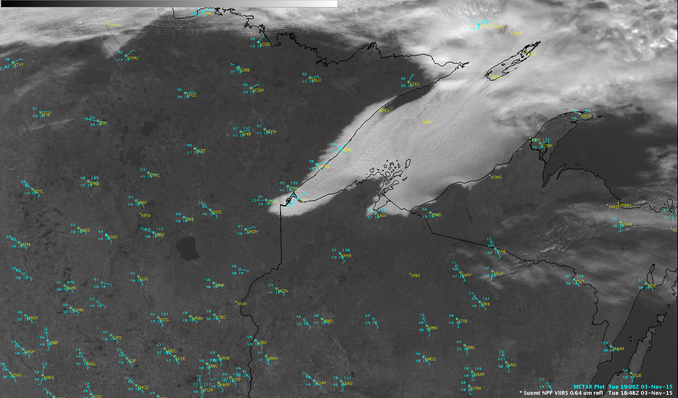 Suomi NPP VIIRS Visible (0.64 µm) image with METAR surface reports, RTMA surface winds, and surface frontal analysis [click to enlarge]
