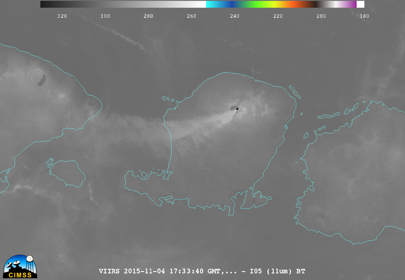 Suomi NPP VIIRS Day/Night Band (0.7 µm), near-IR (1.6 µm), shortwave IR (3.74 µm), and IR (11.45 µm) images [click to enlarge] 