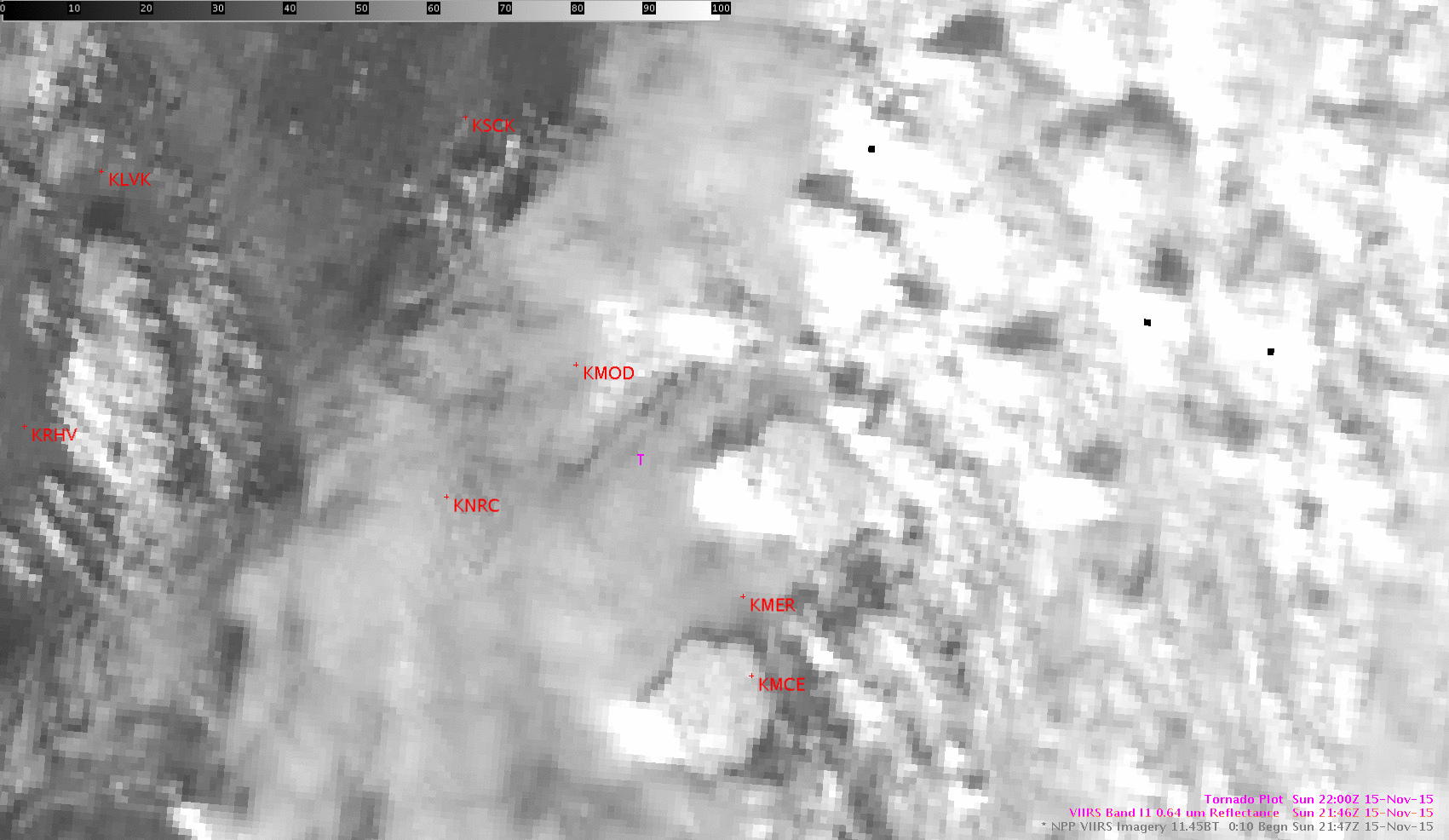 Suomi NPP VIIRS Visible (0.64 µm) and Infrared (11.45 µm) images [click to enlarge]