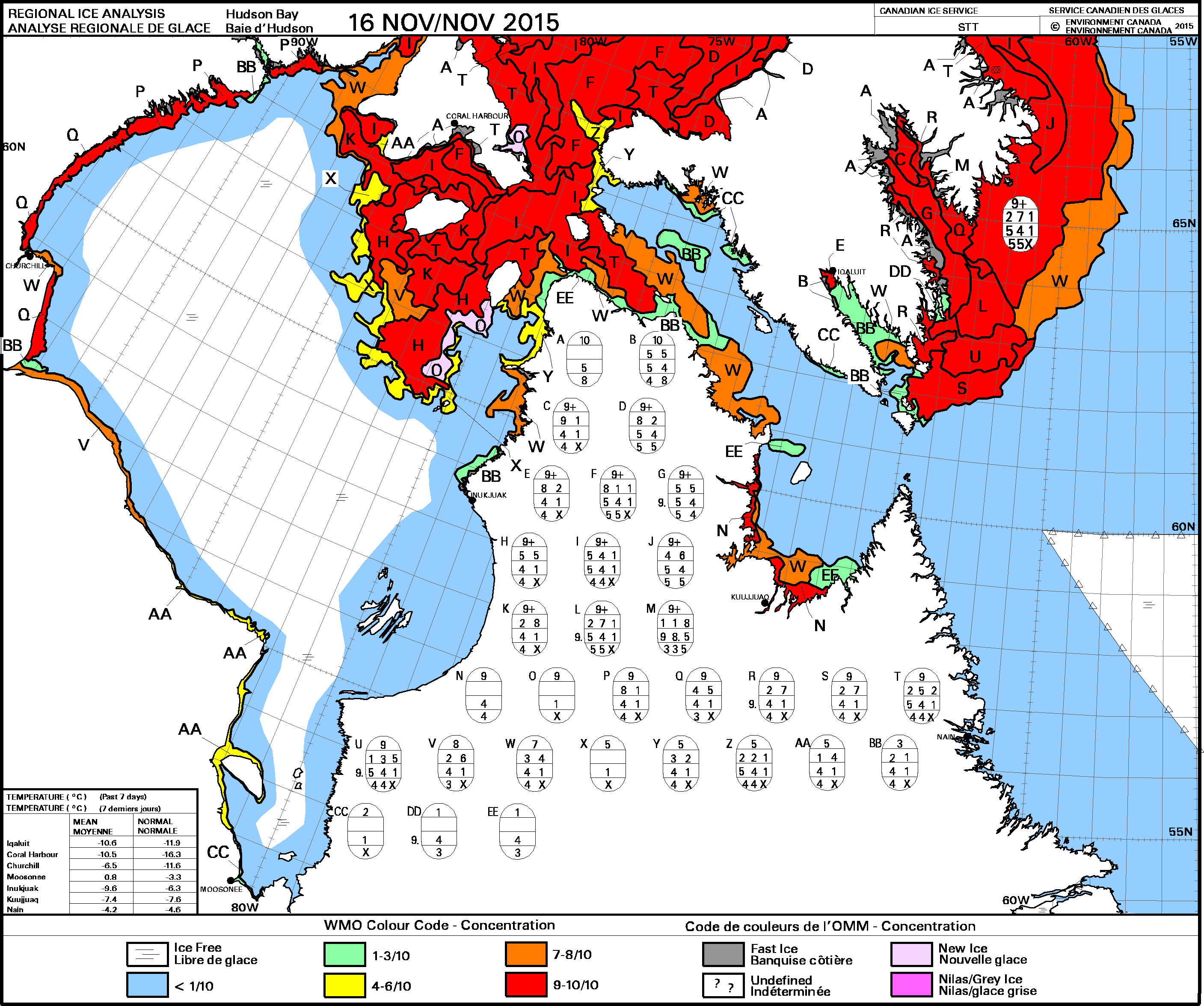 Hudson Bay ice concentration on 16 and 23 November 2015 [click to enlarge]