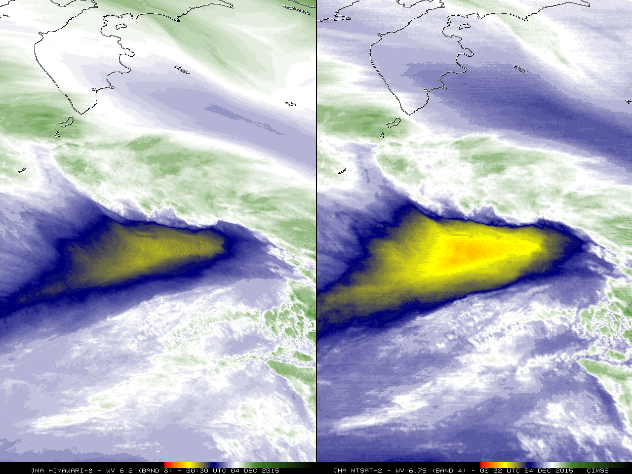 Himawari-8 (left) and MTSAT-2 (right) water vapor channel images [click to play animation]