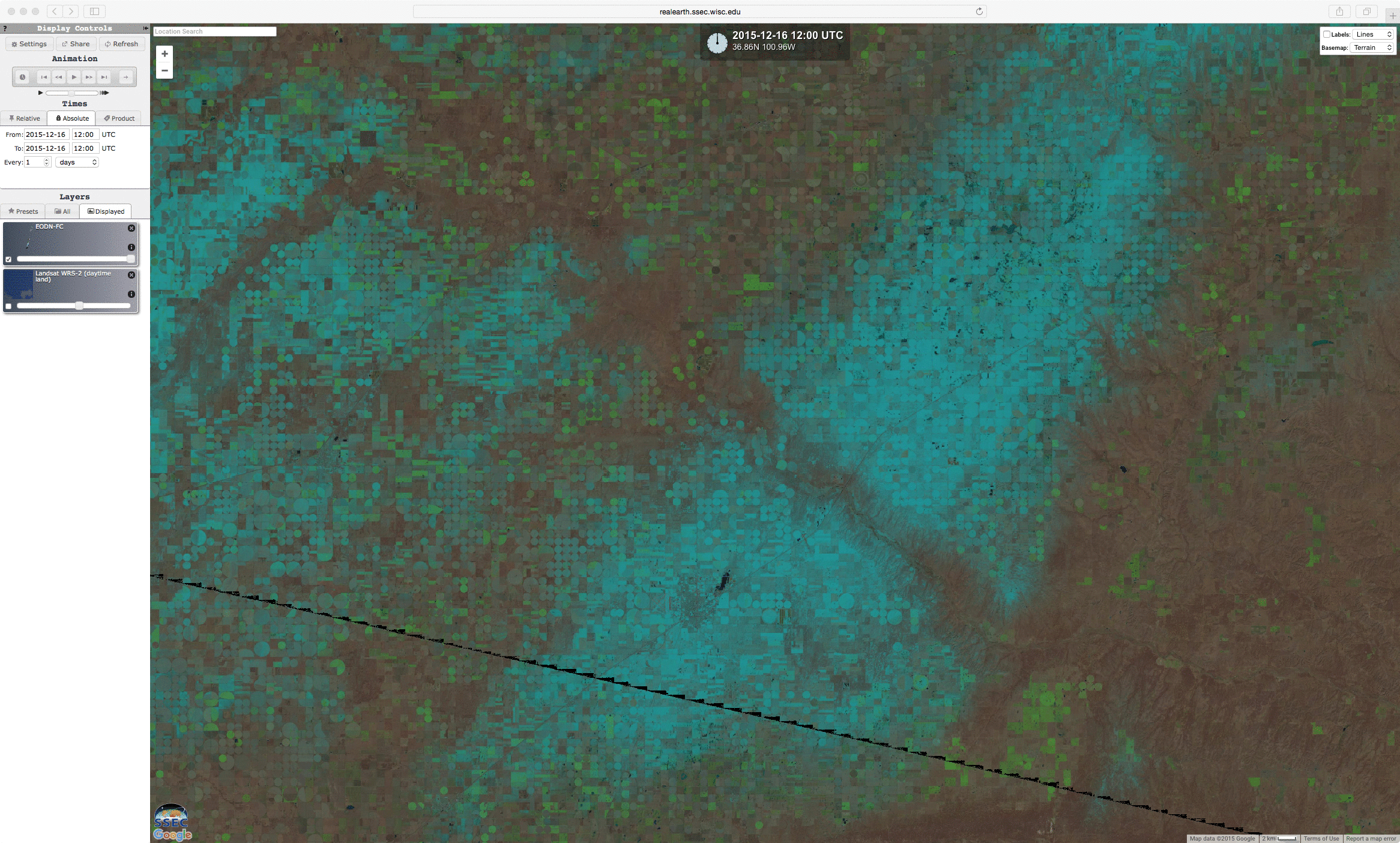 Landsat-8 False-color RGB image, with Google maps background [click to enlarge]