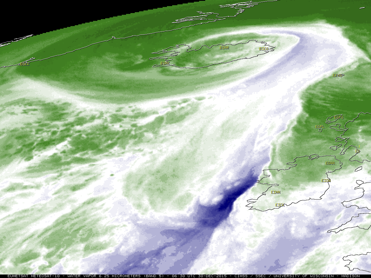 Meteosat-10 Water Vapor (6.25 µm) image at 0630 UTC on 30 December, with surface station IDs [click to enlarge]