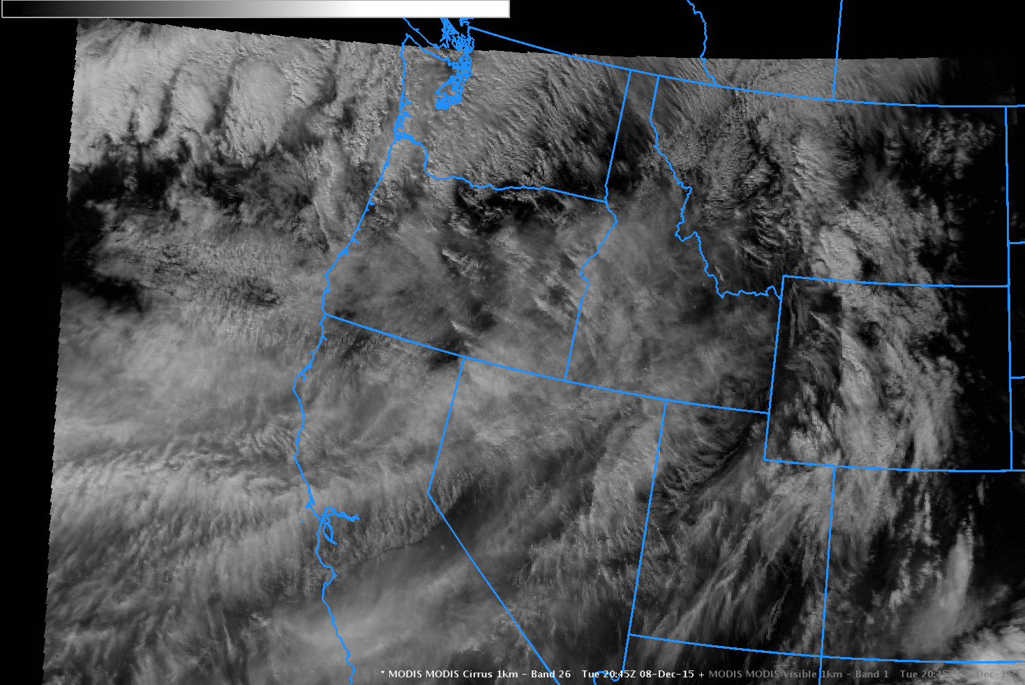 Aqua MODIS Cirrus Channel (1.38 µm) and Visible Channel (0.64 µm) imagery, 2045 UTC on 8 December 2015 [click to enlarge]