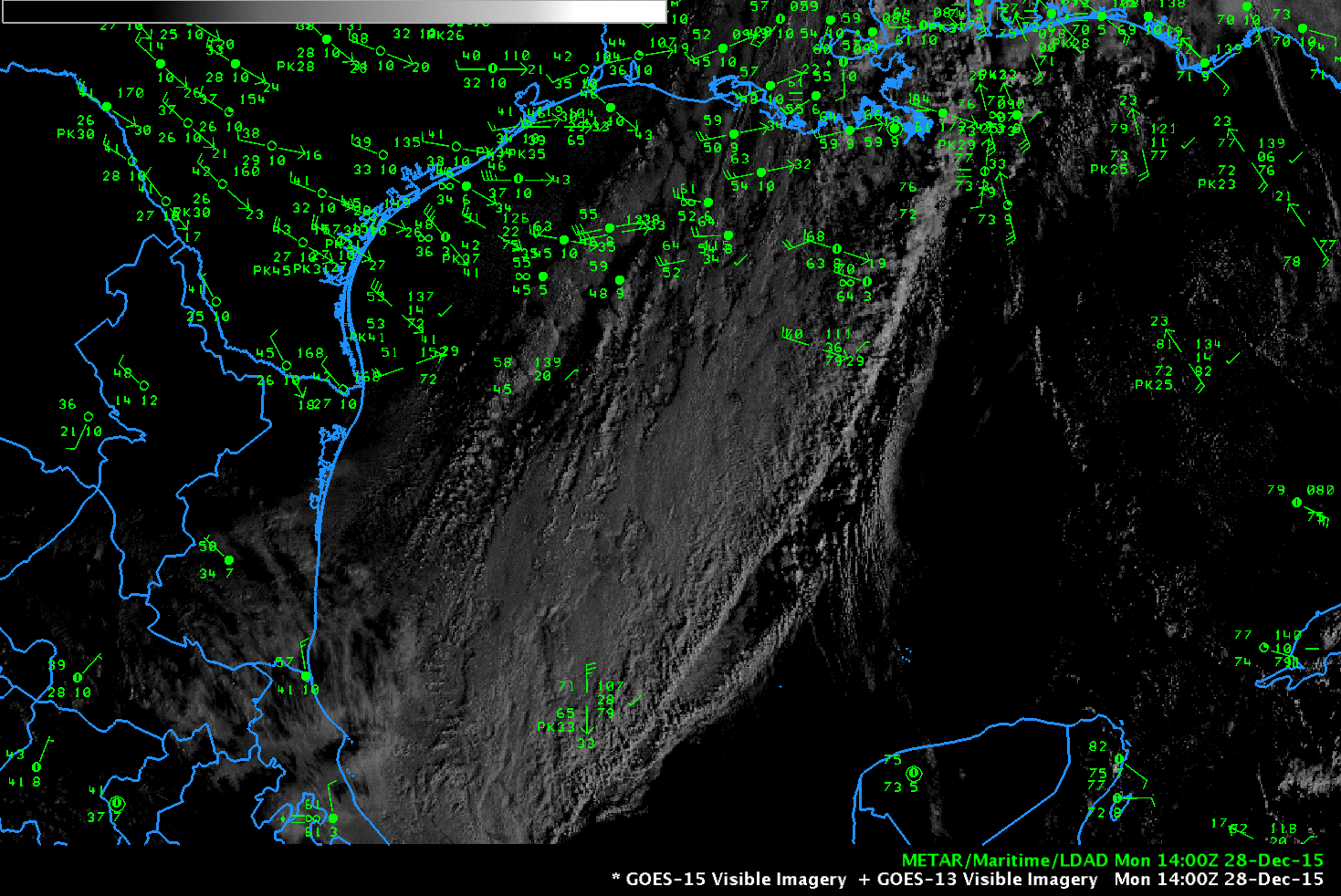 GOES-13 Visible Imagery (0.63 µm) and surface reports [click to enlarge]