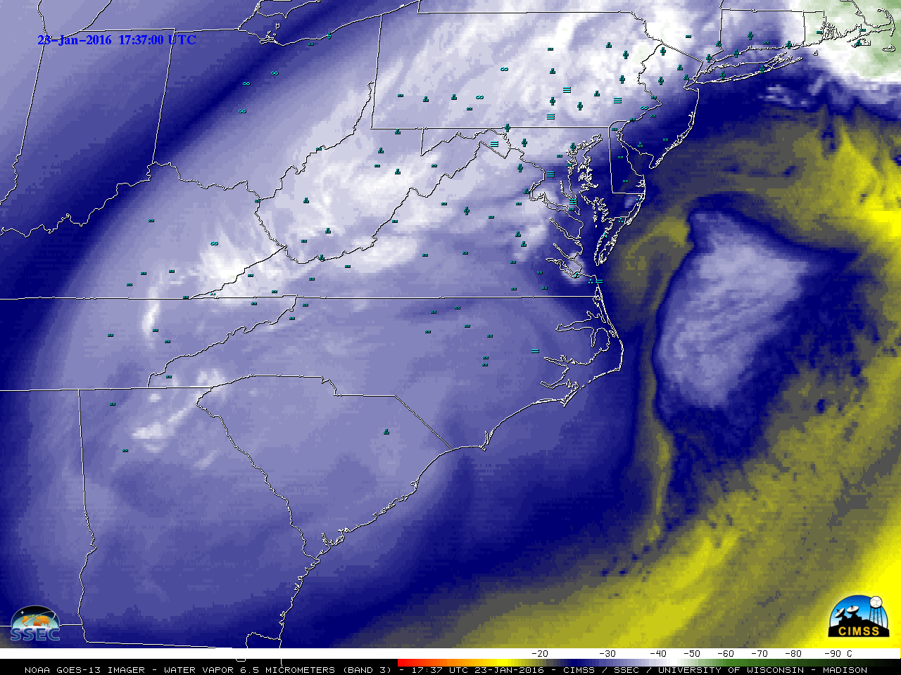 GOES-13 Water Vapor (6.5 µm) images, with surface weather symbols [click to play MP4 animation]