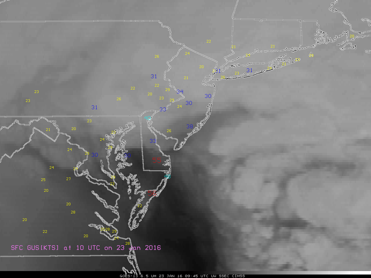 Hourly GOES-13 Infrared Water Vapor (6.5 µm) and surface reports of Wind Gusts (knots) [click to play animation]