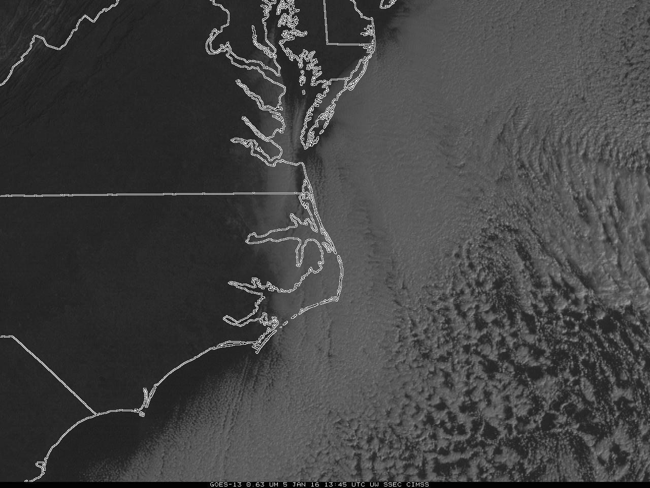 GOES-13 Visible (0.65 µm) Imagery, 1300-2045 UTC on 5 January 2015 [click to animate]