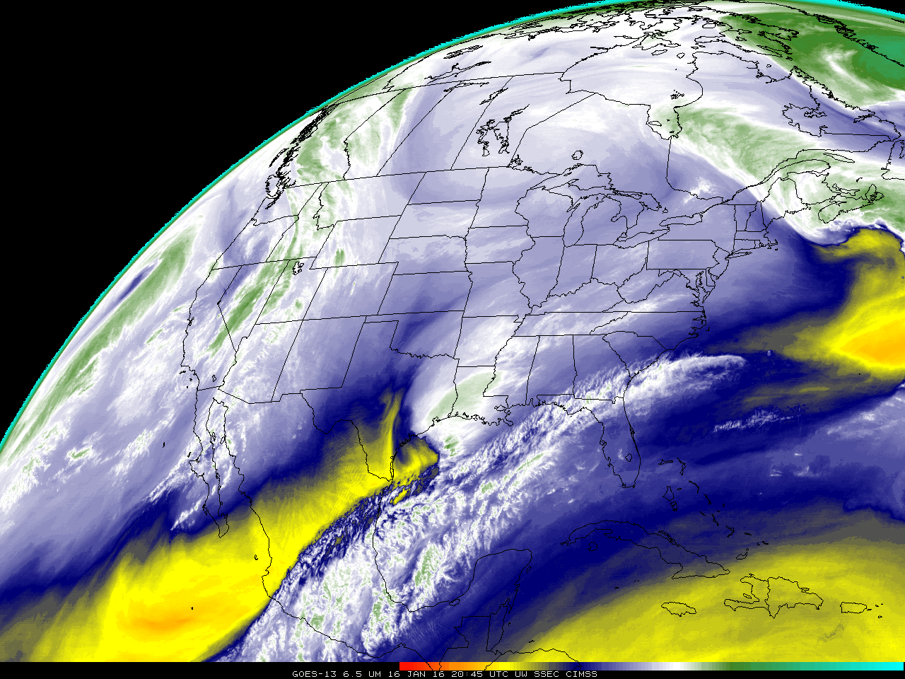 GOES-13 Water Vapor Infrared (6.5 µm) images [click to play animation]