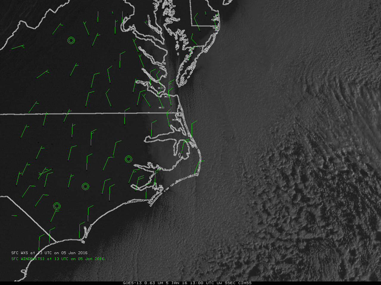 GOES-13 Visible (0.65 µm) Imagery, 1300 and 2045 UTC on 5 January 2015, with surface weather observations and wind barbs [click to enlarge]