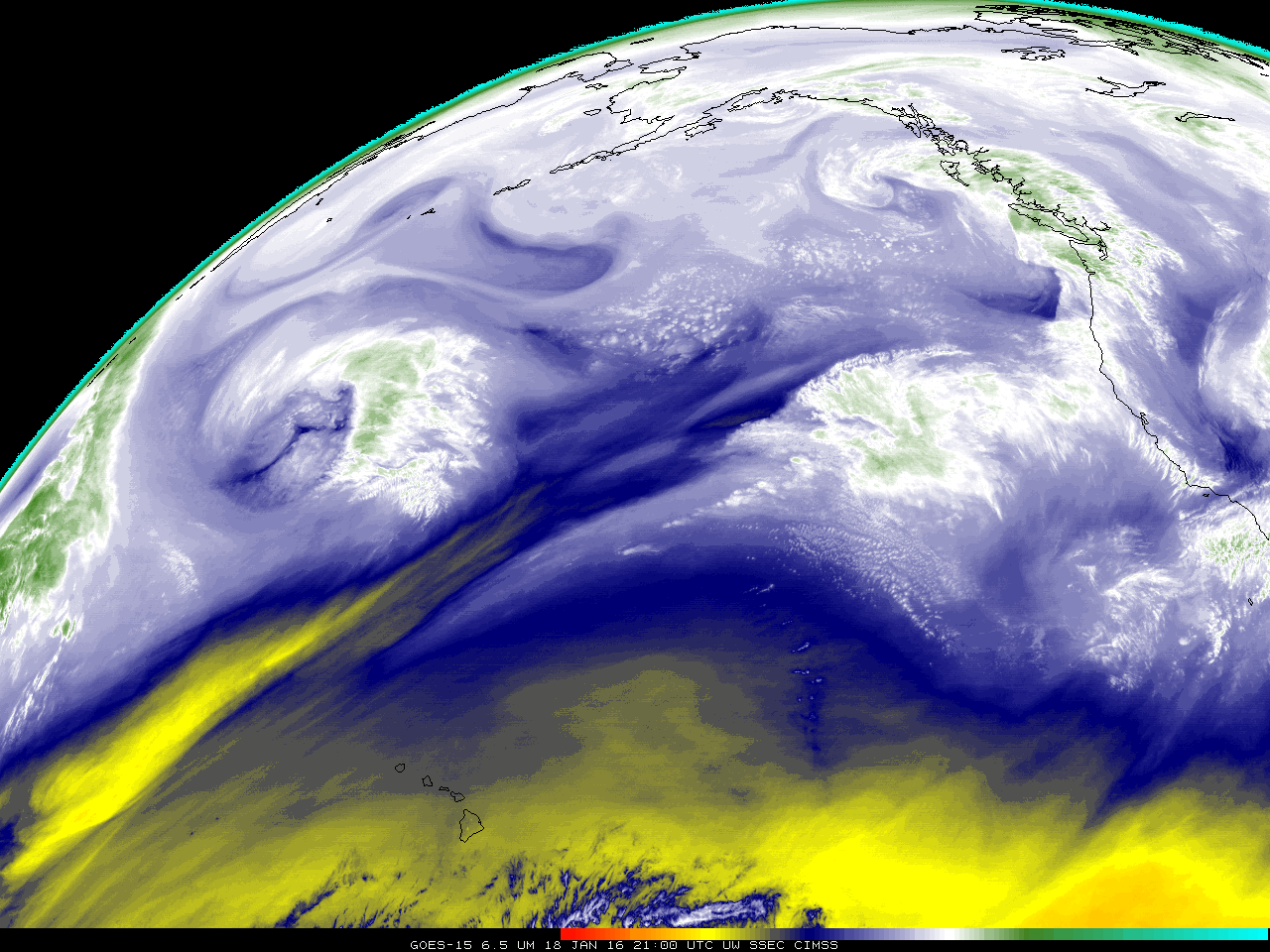 GOES-15 Water Vapor Infrared (6.5 µm) images [click to play animation]