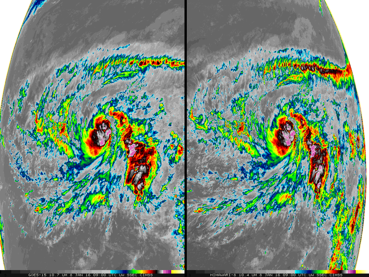 GOES-15 Infrared Imagery (10.7 µm) (left) and Himawari-8 Infrared (right) (10.35) at full GOES Resolution 0600 UTC 8 January 2016 - 1800 UTC 8 January 2016 [click to animate]