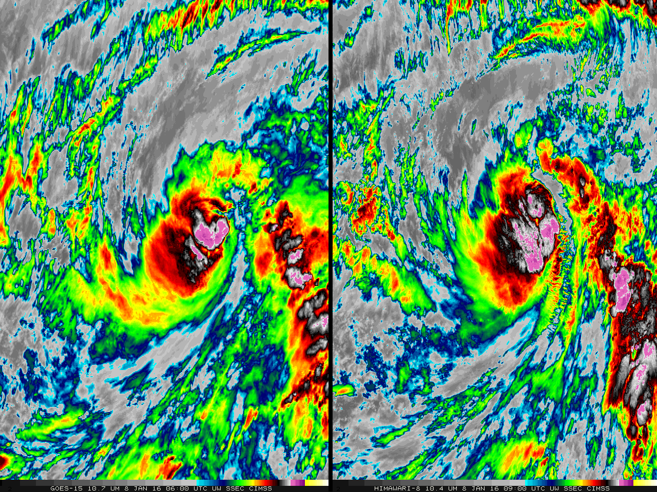 GOES-15 Infrared Imagery (10.7 µm) (left) and Himawari-8 Infrared (right) (10.35) at full Himawari-8 Resolution 0600 UTC 8 January 2016 - 0900 UTC 8 January 2016 [click to animate]