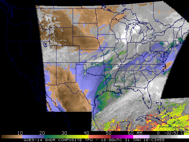 GOES-14 Sounder DPI of Total Precipitable Water (TPW) at 1800 UTC on 31 January 2016 [Click to enlarge]