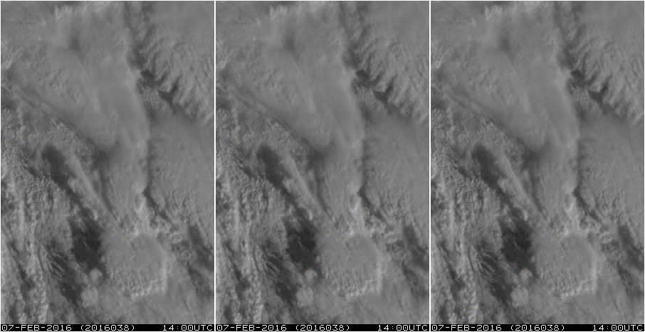 GOES-14 Visible (0.63 µm) images, 15-minute time-step (right panel), 15-minute then 5-minute time step (middle panel) and 15-minute, then 5-minute, then 1-minute time step (left panel) [click to play animated gif]