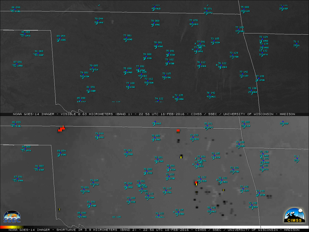 GOES-14 0.63 µm Visible (top) and 3.9 µm Shortwave Infrared (bottom) images [click to play MP4 animation]