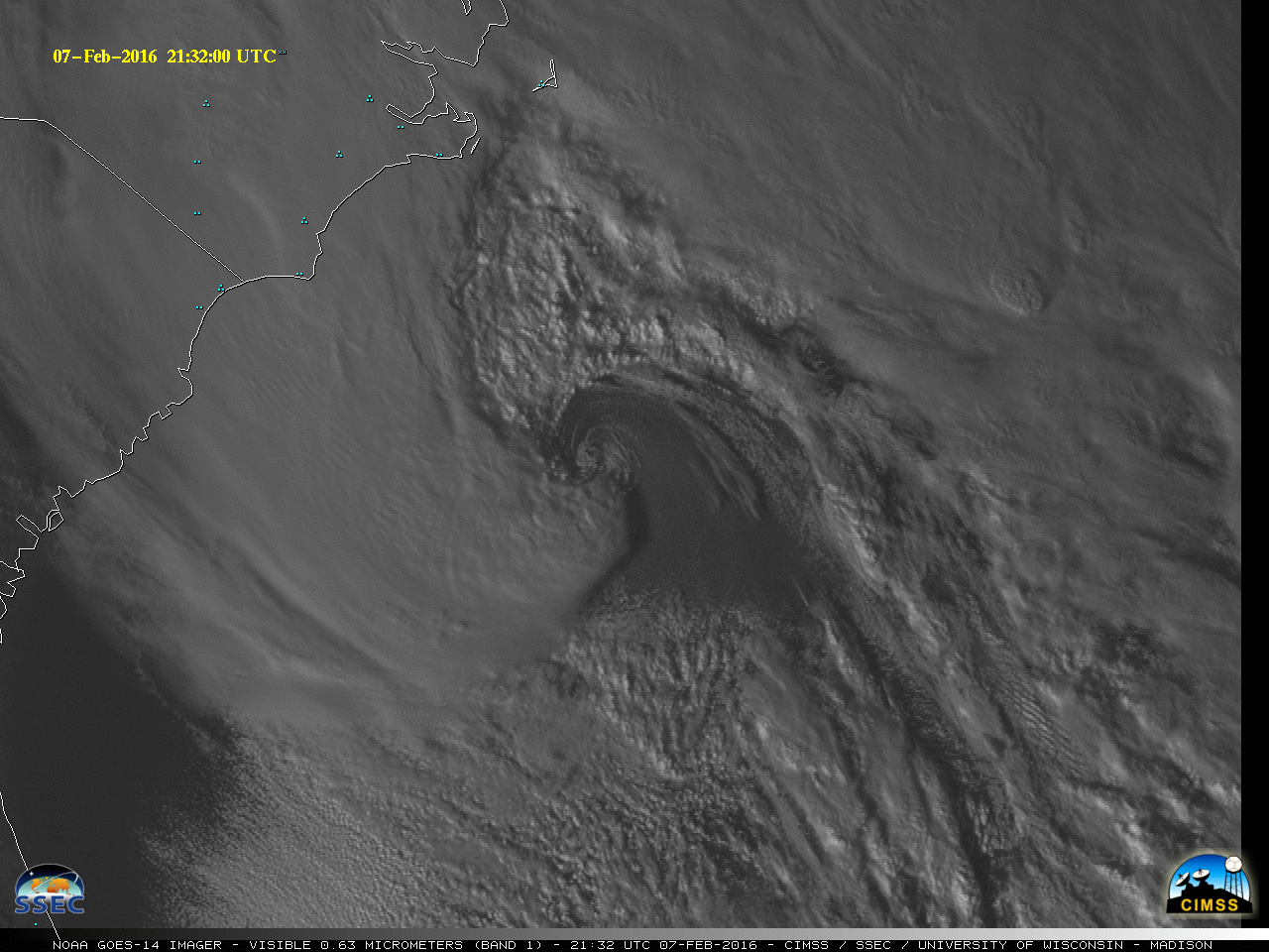 GOES-14 Visible (0.63 µm) images, with surface weather symbols plotted [click to play MP4 animation]