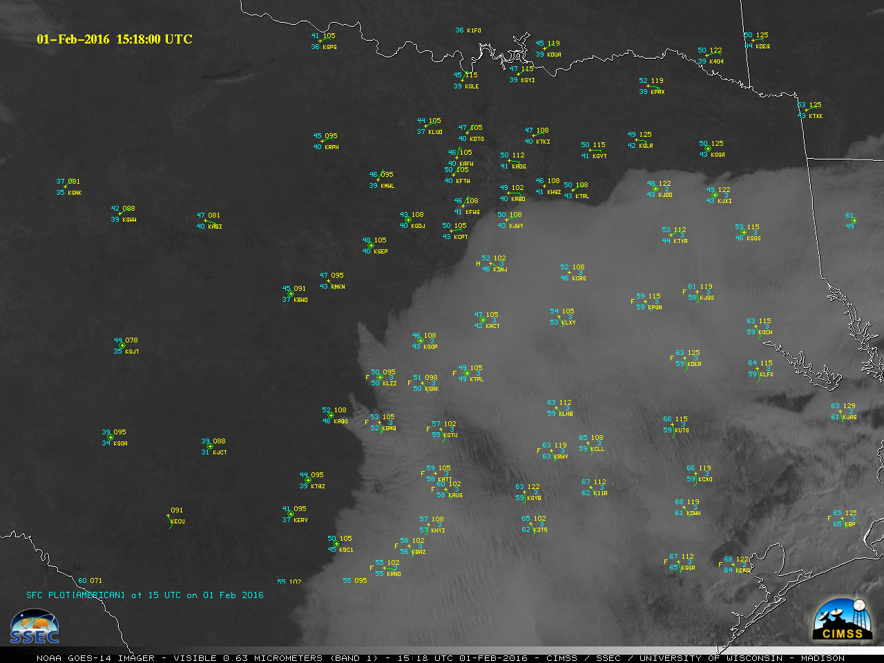 GOES-14 Visible (0.63 µm) images, with surface observations [click to play MP4 animation]