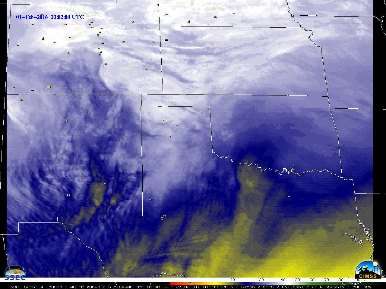 GOES-14 Water Vapor (6.5 µm) images, with surface weather symbols [click to play MP4 animation]