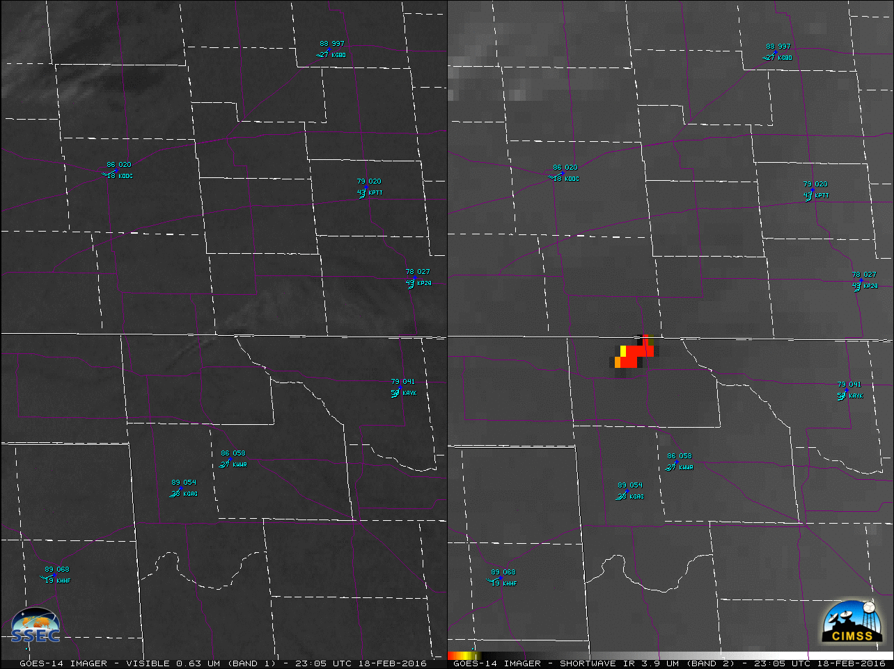 GOES-14 0.63 µm Visible (left) and 3.9 µm Shortwave Infrared (right) images [click to play MP4 animation]