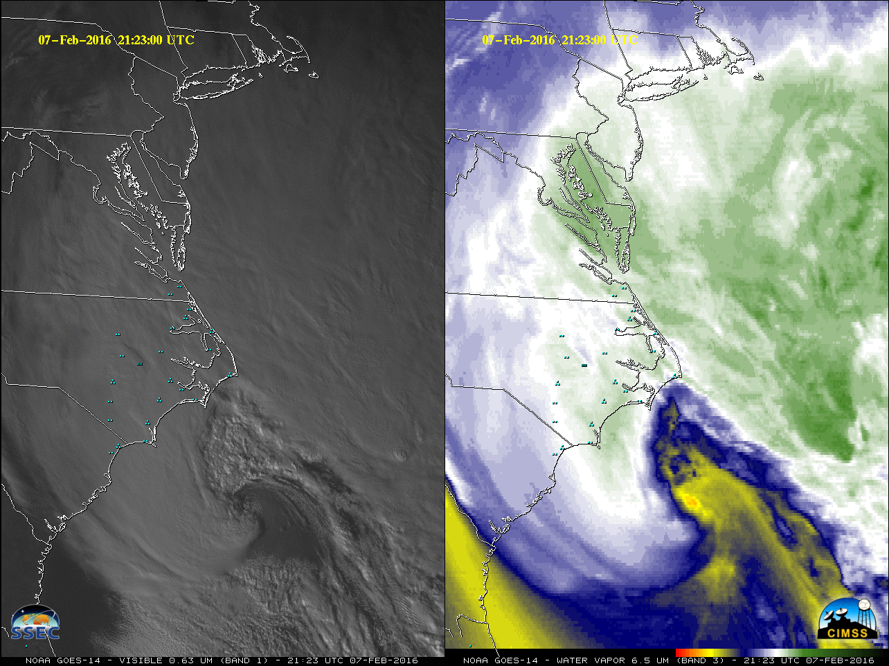 GOES-14 Visible (0.63 µm) and Water Vapor (6.5 µm) images, with surface weather symbols plotted [click to play animation]