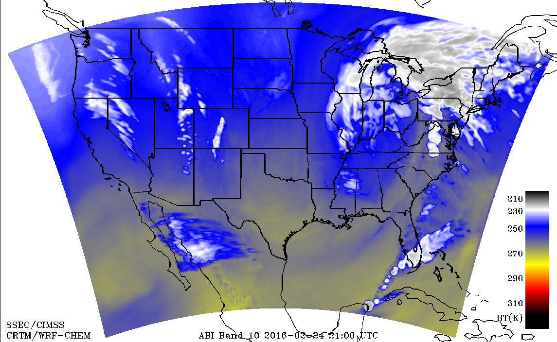Simulated ABI 7.3 µm Water Vapor Channel Imagery, hourly from 16-22 UTC on 24 February 2016 [click to play animation]