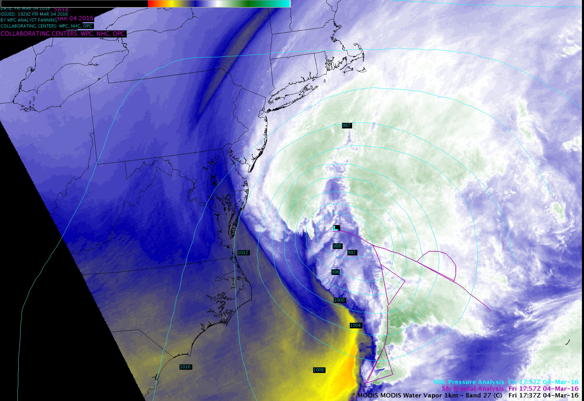Aqua MODIS Water Vapor (6.7 µm), Infrared (11.0 µm), and Visible (0.65 µm) images [click to enlarge]