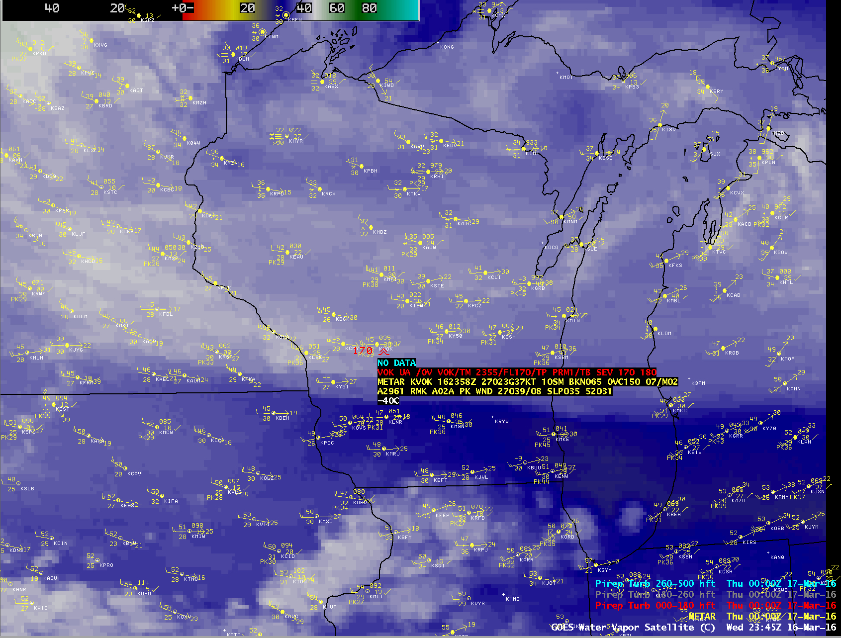 GOES-13 Water Vapor image, with pilot report of severe turbulence [click to enlarge]