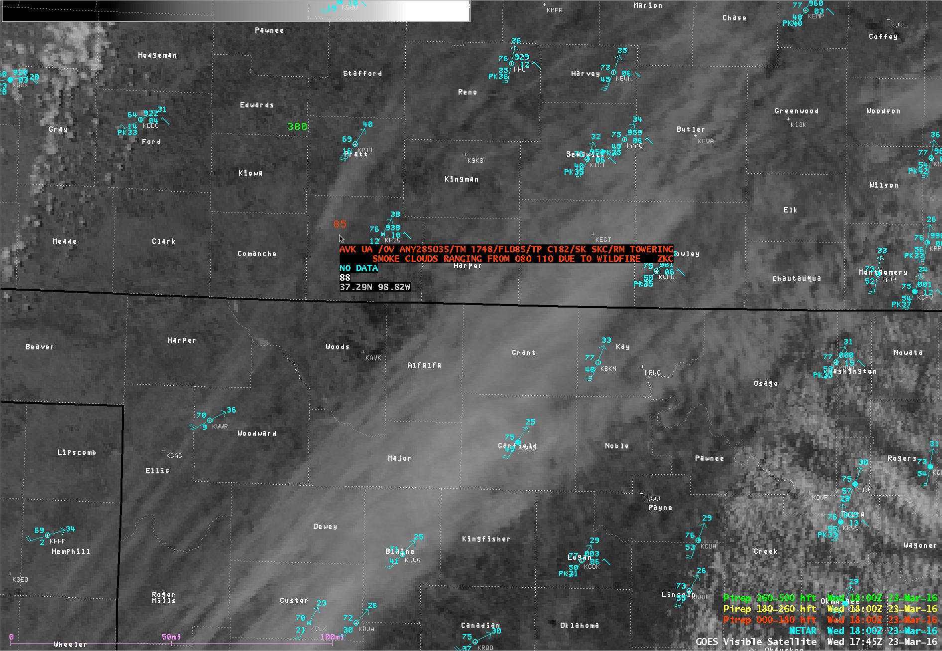 GOES-13 Visible (0.63 µm) image, with surface reports and a pilot report of smoke altitude [click to enlarge]