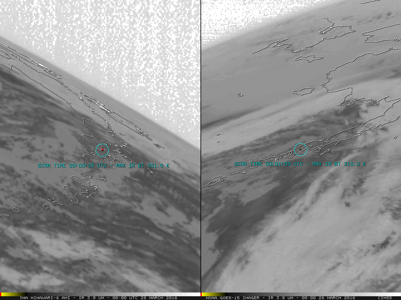 Himawari-8 AHI (left) and GOES-15 Imager (right) 3.9 µm Shortwave Infrared images [click to enlarge]