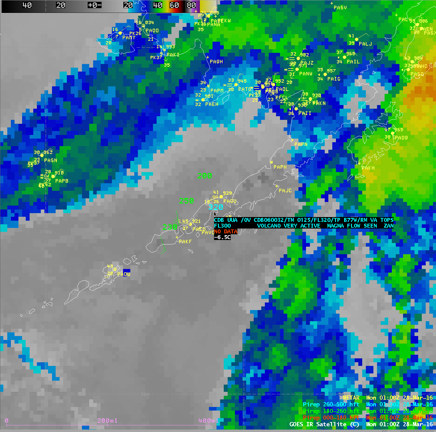 GOES-15 Infrared Window (10.7 um) image, with METAR surface reports and Pilot reports [click to enlarge]