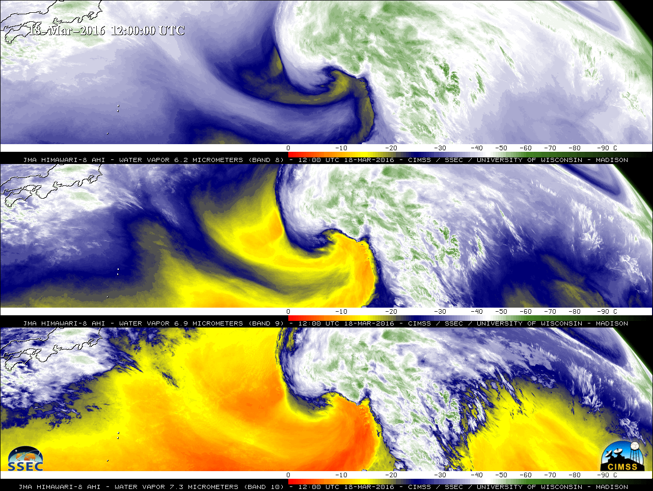 Himawari-8 Water Vapor images: 6.2 µm (top), 6.9 µm (middle), and 7.3 µm (bottom) - [click to play MP4 animation]