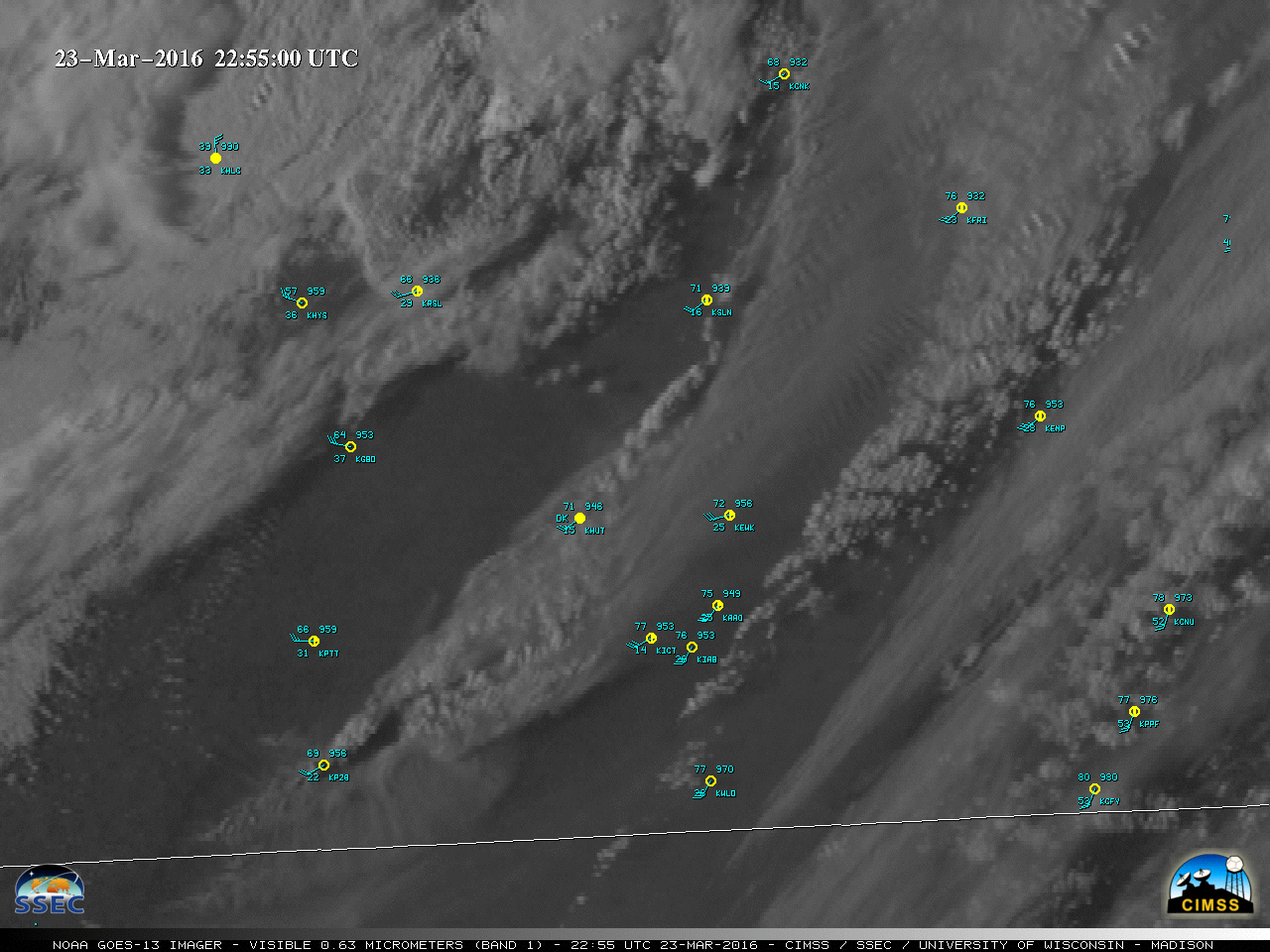 GOES-13 Visible (0.63 µm) images, with surface reports [click to play animation]