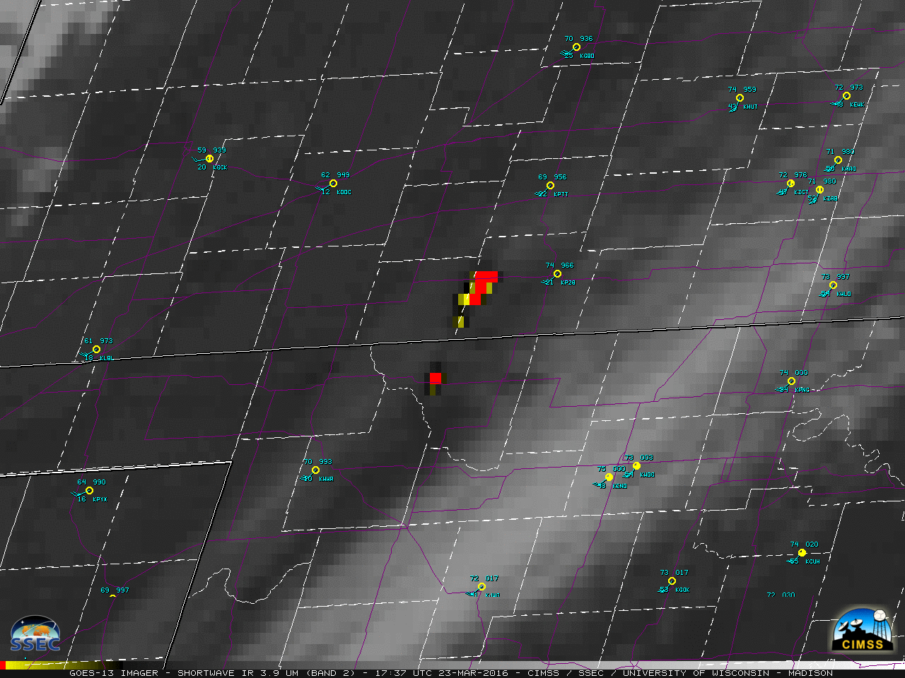 GOES-13 Shortwave Infrared (3.9 µm) images, with surface reports [click to play animation]