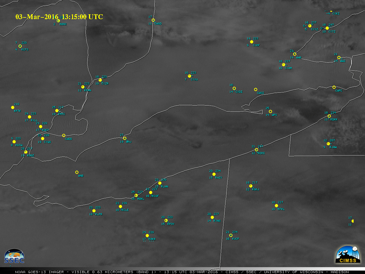 GOES-13 Visible (0.63 µm) images, centered over Lake Erie [click to enlarge]