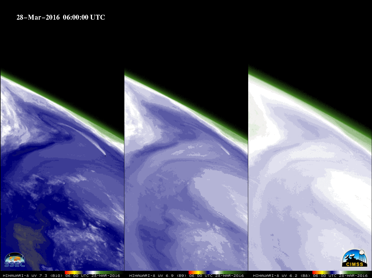 Himawari-8 AHI Water Vapor 7.3 µm (left), 6.9 µm (center) and 6.2 µm (right) images [click to play animation]