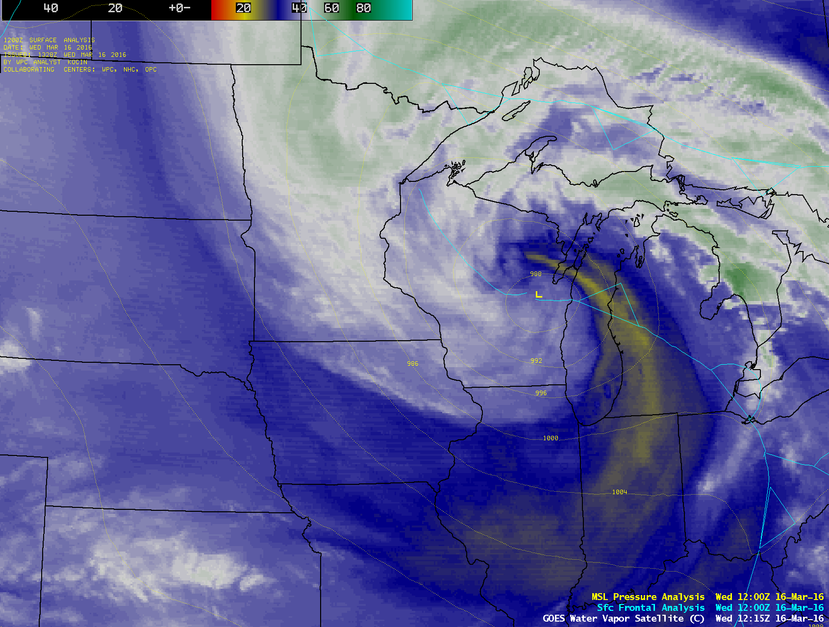 GOES-13 Water Vapor (6.5 µm) images, with surface analyses [click to play animation]