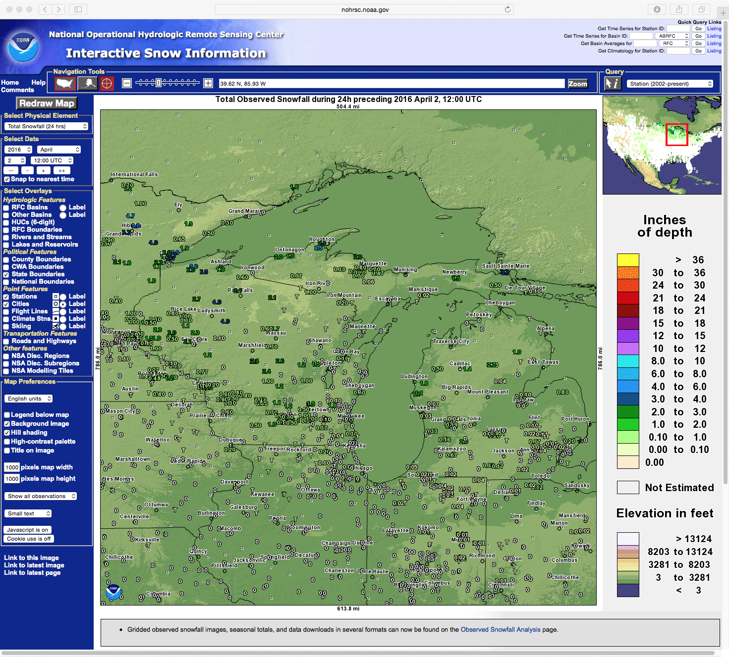 24-hour snowfall amounts (in inches) ending at 12 UTC on 02 and 03 April [click to enlarge]