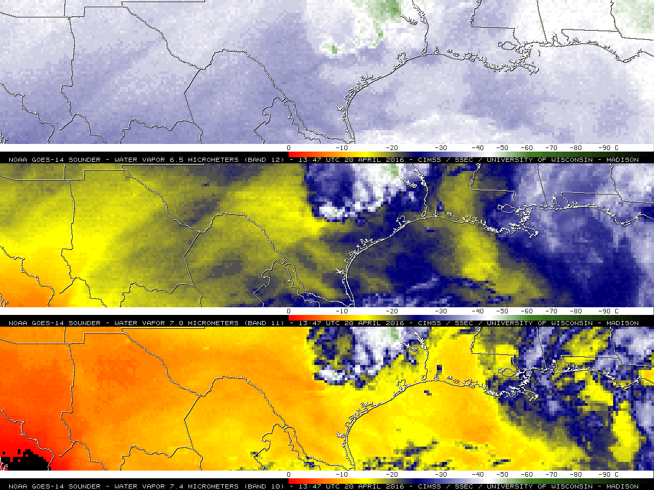 GOES-14 sounder Water Vapor bands 6.5 µm (top), 7.0 µm (middle) and 7.4 µm (bottom) images [click to play animation]